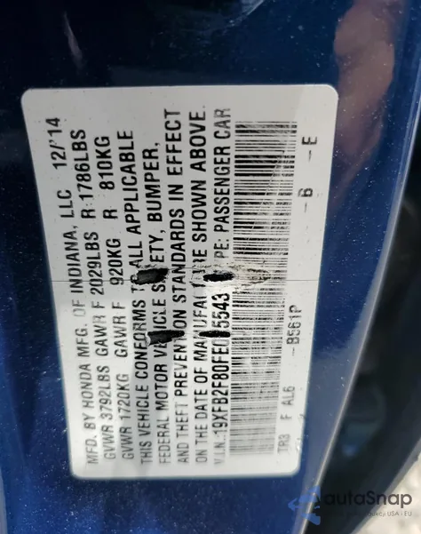 2015 Honda Civic Ex из США, поврежденный, VIN 19XFB2F80FE025543